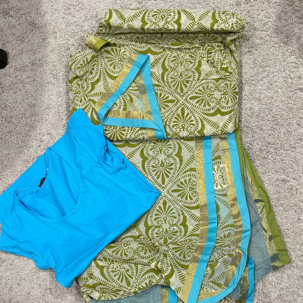Green and Blue Patterned Saree with Blue Top